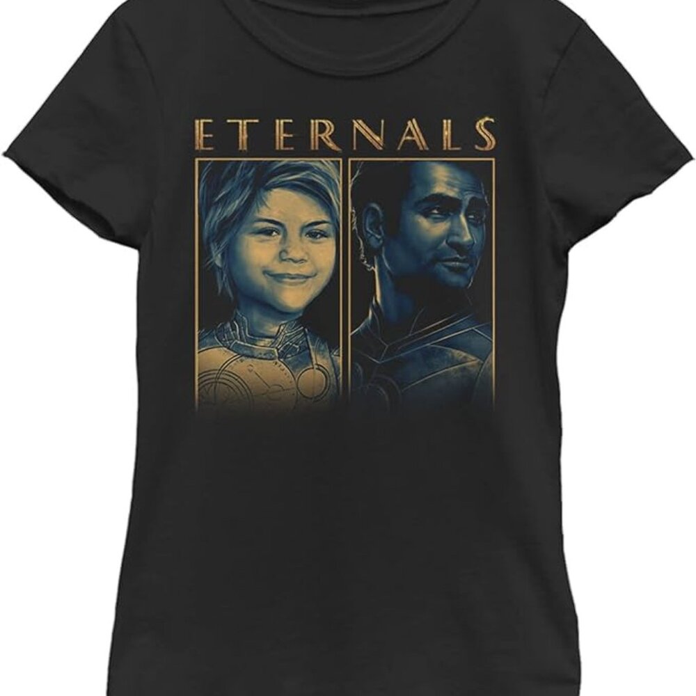 MARVEL Girls The Eternals Sprite & Kingo Black Tee Large T-Shirt S/S NEW